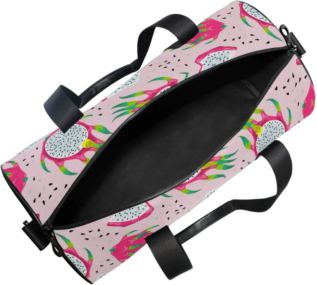 Seamless White Purple Green Dragon Fruits Slices on Pink Duffel Bag, Foldable Canvas Travel Tote for Gym Sports with Inner Pockets, Durable Lightweight Fitness Bag for Overnight Workout