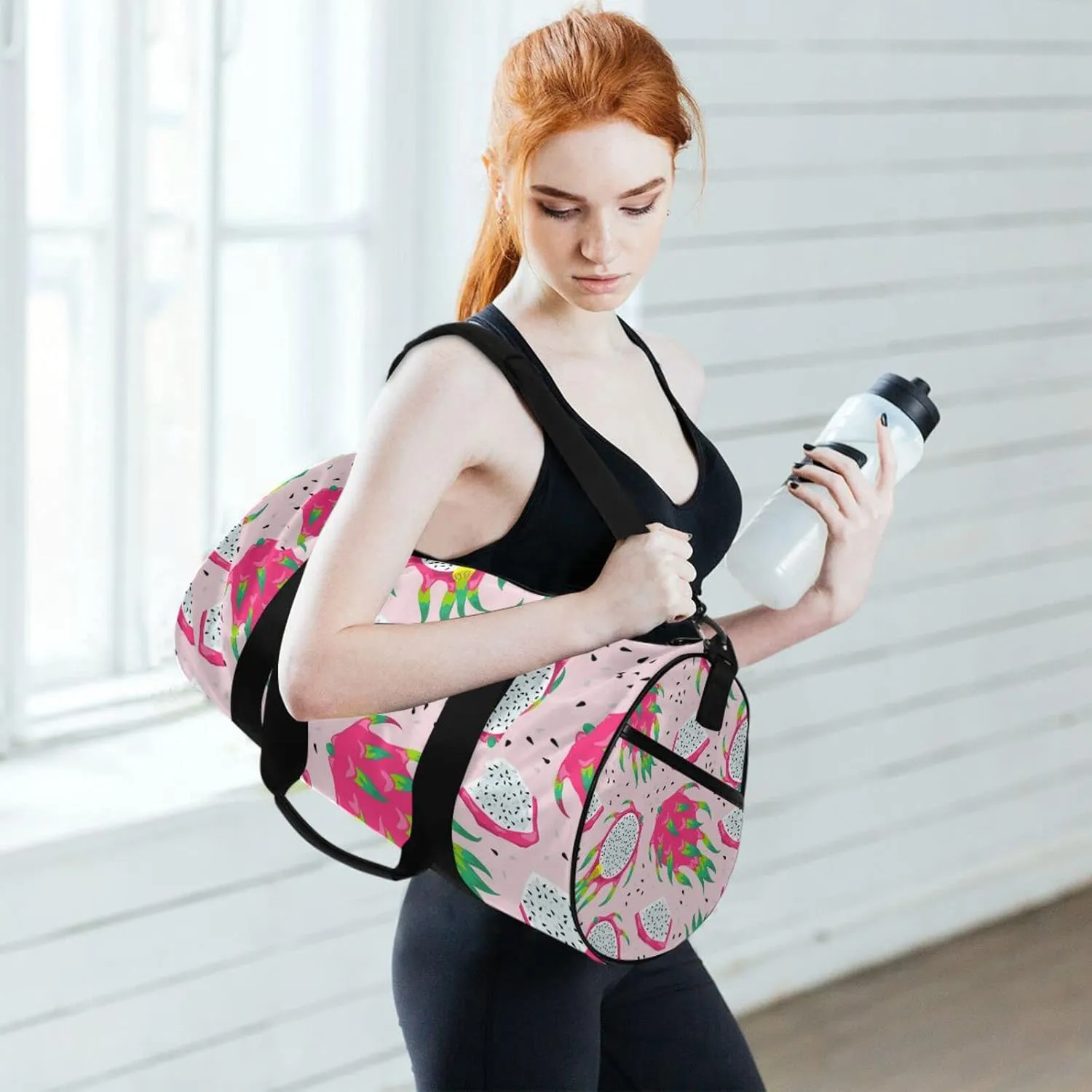 Seamless White Purple Green Dragon Fruits Slices on Pink Duffel Bag, Foldable Canvas Travel Tote for Gym Sports with Inner Pockets, Durable Lightweight Fitness Bag for Overnight Workout