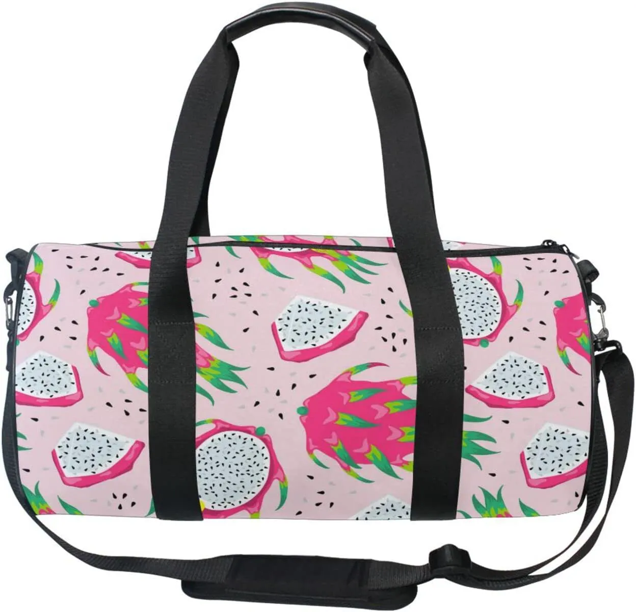 Seamless White Purple Green Dragon Fruits Slices on Pink Duffel Bag, Foldable Canvas Travel Tote for Gym Sports with Inner Pockets, Durable Lightweight Fitness Bag for Overnight Workout