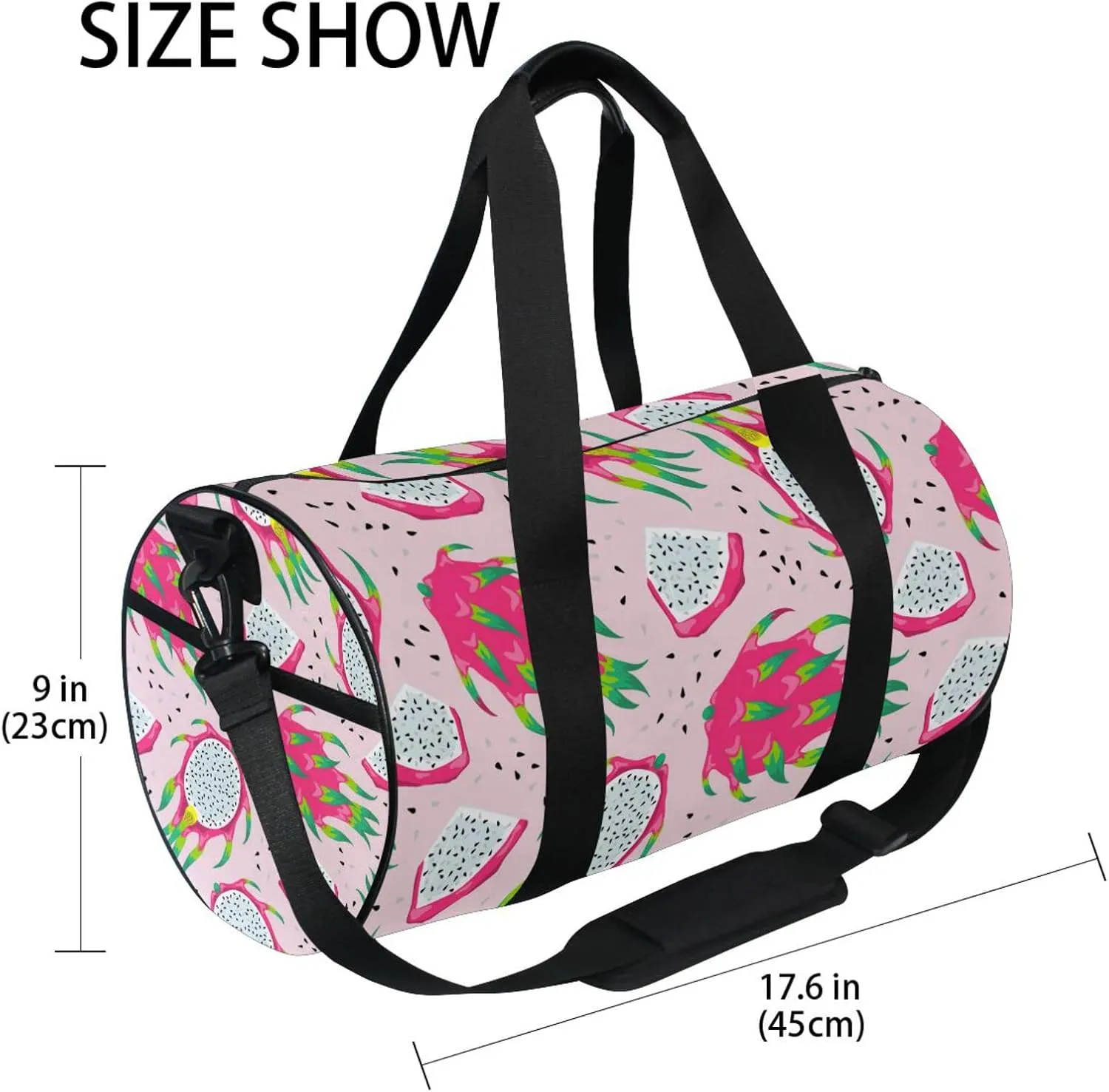 Seamless White Purple Green Dragon Fruits Slices on Pink Duffel Bag, Foldable Canvas Travel Tote for Gym Sports with Inner Pockets, Durable Lightweight Fitness Bag for Overnight Workout