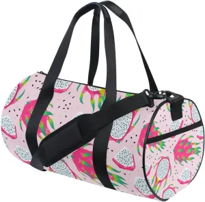 Seamless White Purple Green Dragon Fruits Slices on Pink Duffel Bag, Foldable Canvas Travel Tote for Gym Sports with Inner Pockets, Durable Lightweight Fitness Bag for Overnight Workout