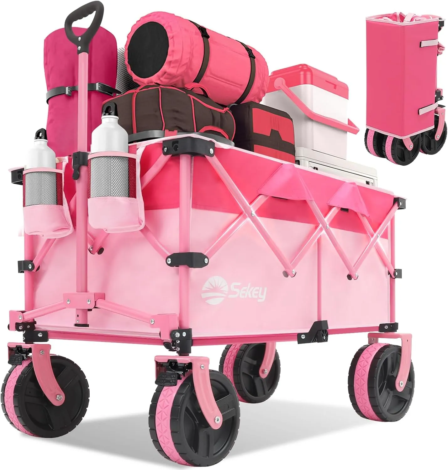 Sekey 220L Collapsible Foldable Wagon with 330lbs Weight Capacity, Heavy Duty Folding Utility Garden Cart with Big All-Terrain Beach Wheels & Drink Holders.Barbie Pink