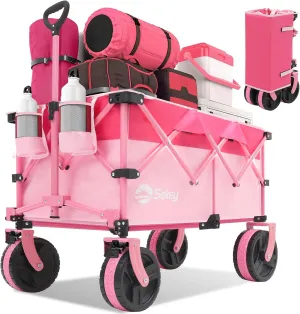 Sekey 220L Collapsible Foldable Wagon with 330lbs Weight Capacity, Heavy Duty Folding Utility Garden Cart with Big All-Terrain Beach Wheels & Drink Holders.Barbie Pink