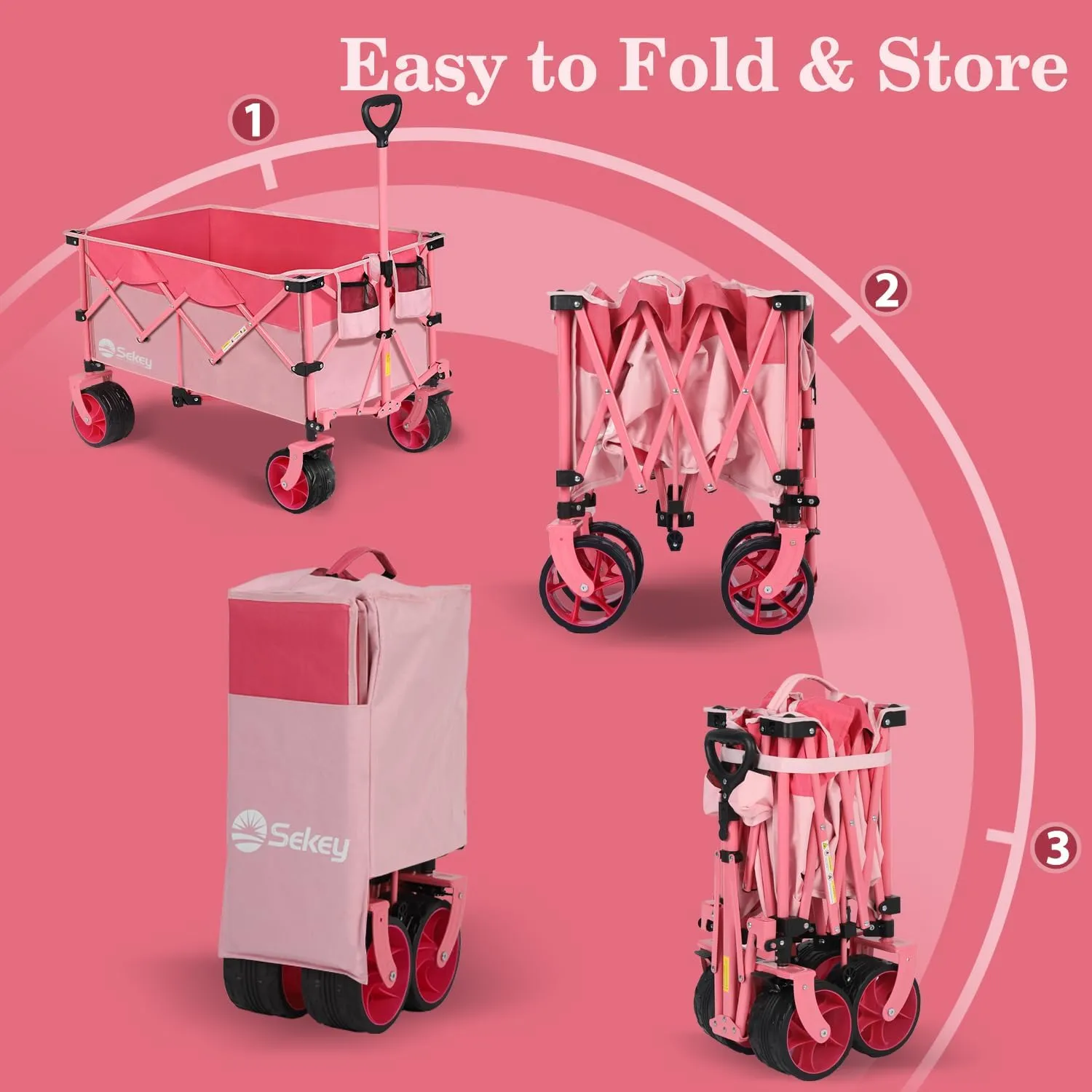 Sekey 220L Collapsible Foldable Wagon with 330lbs Weight Capacity, Heavy Duty Folding Utility Garden Cart with Big All-Terrain Beach Wheels & Drink Holders.Barbie Pink