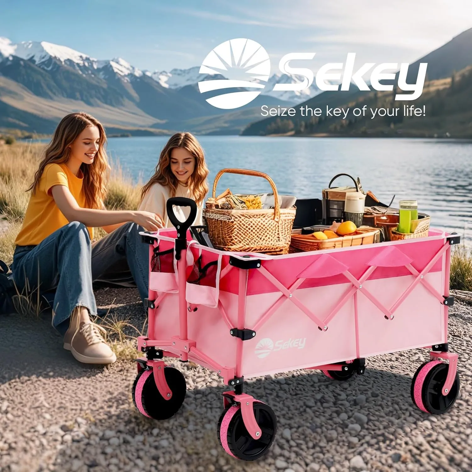Sekey 220L Collapsible Foldable Wagon with 330lbs Weight Capacity, Heavy Duty Folding Utility Garden Cart with Big All-Terrain Beach Wheels & Drink Holders.Barbie Pink