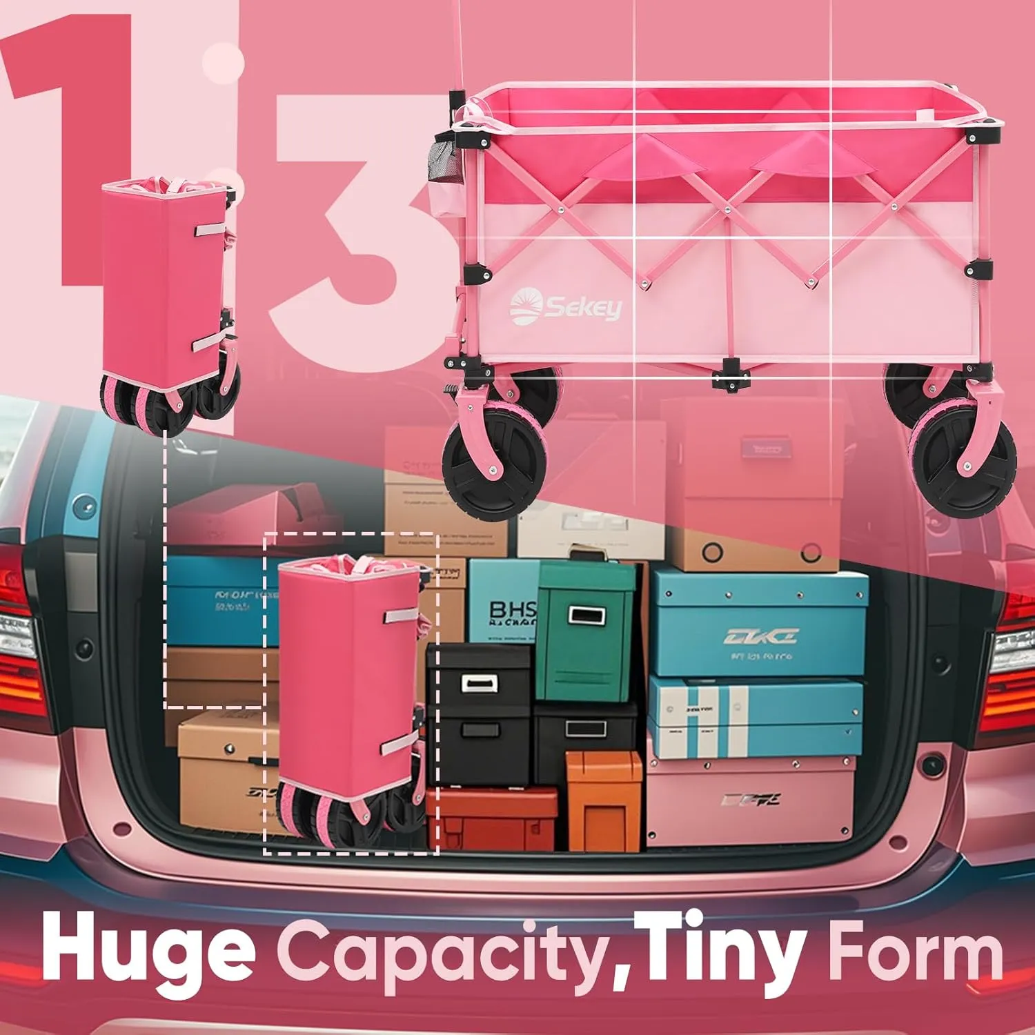Sekey 220L Collapsible Foldable Wagon with 330lbs Weight Capacity, Heavy Duty Folding Utility Garden Cart with Big All-Terrain Beach Wheels & Drink Holders.Barbie Pink