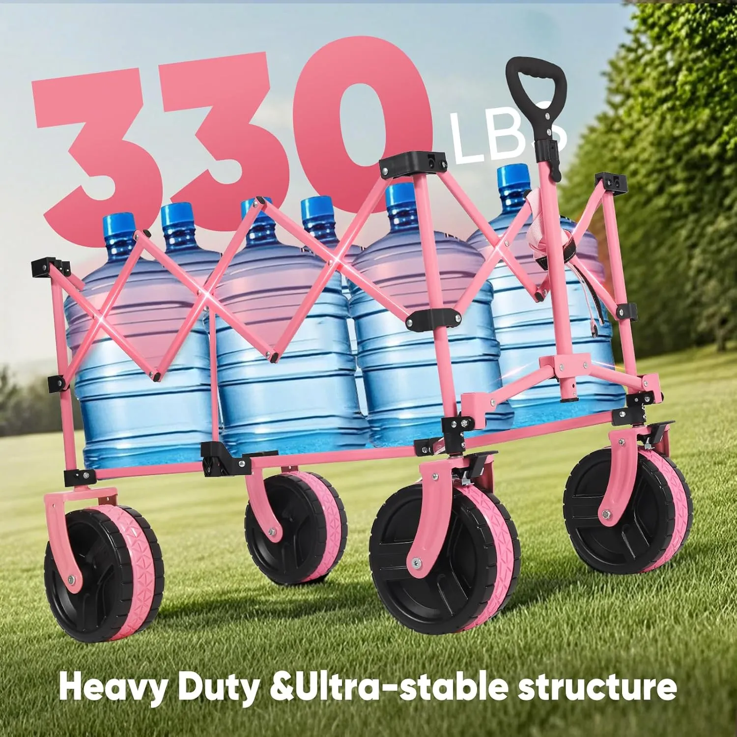Sekey 220L Collapsible Foldable Wagon with 330lbs Weight Capacity, Heavy Duty Folding Utility Garden Cart with Big All-Terrain Beach Wheels & Drink Holders.Barbie Pink