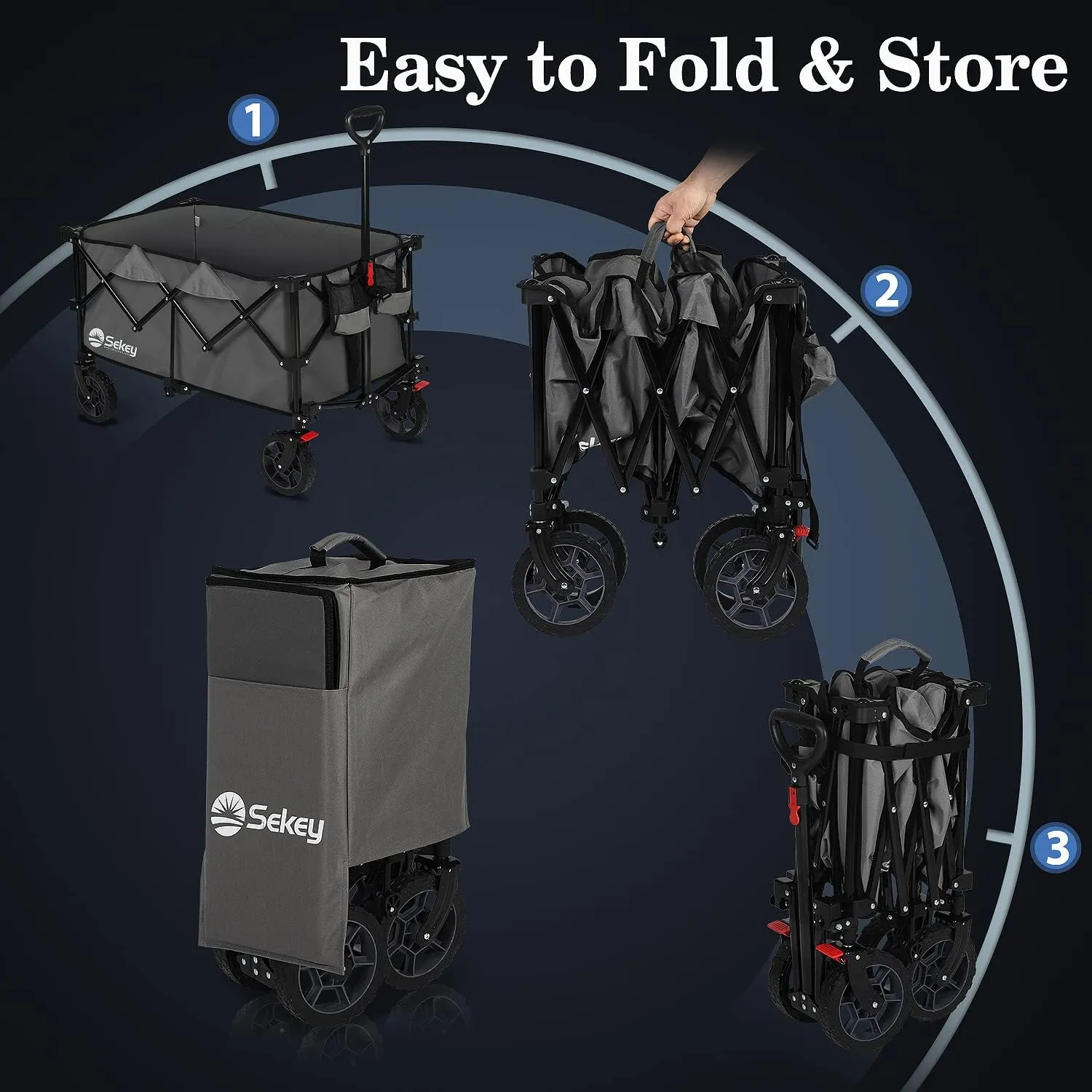 Sekey 220L Collapsible Foldable Wagon with 330lbs Weight Capacity, Heavy Duty Folding Wagon Cart with Big All-Terrain Wheels & Drink Holders (Grey)