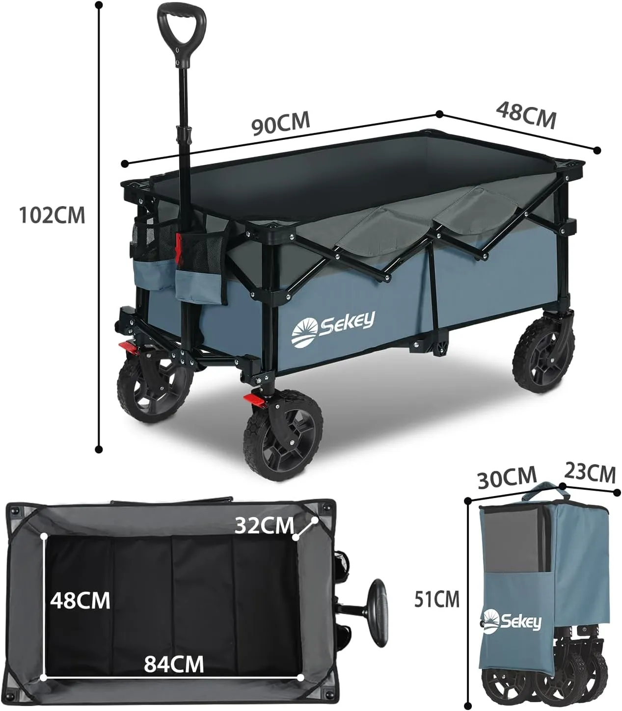 Sekey 330lbs Collapsible Foldable Wagon with Weight Capacity, Heavy Duty Folding Wagon Cart with Big All-Terrain Wheels & Drink Holders. Blue&Gray