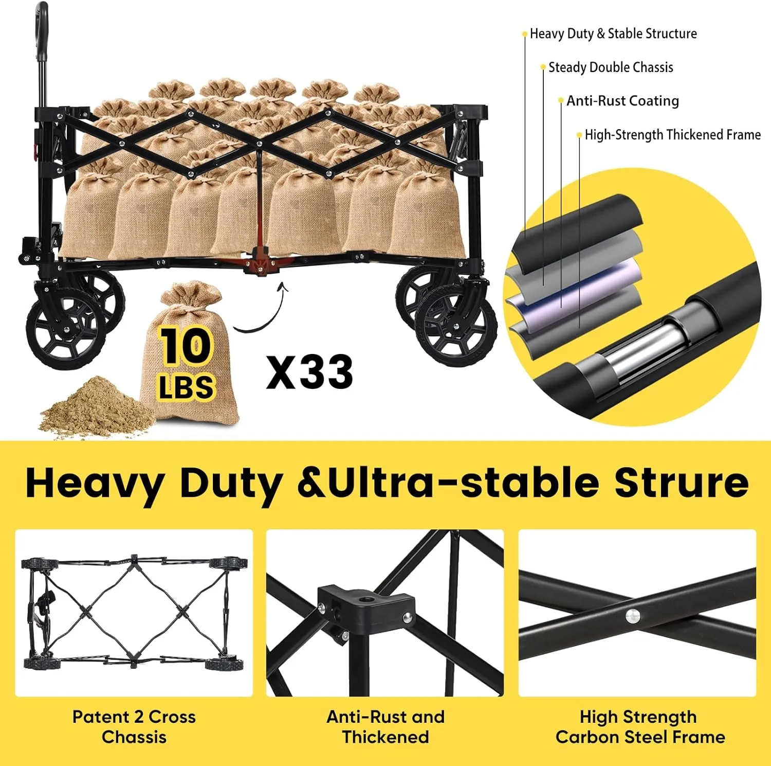 Sekey 330lbs Collapsible Foldable Wagon with Weight Capacity, Heavy Duty Folding Wagon Cart with Big All-Terrain Wheels & Drink Holders. Blue&Gray