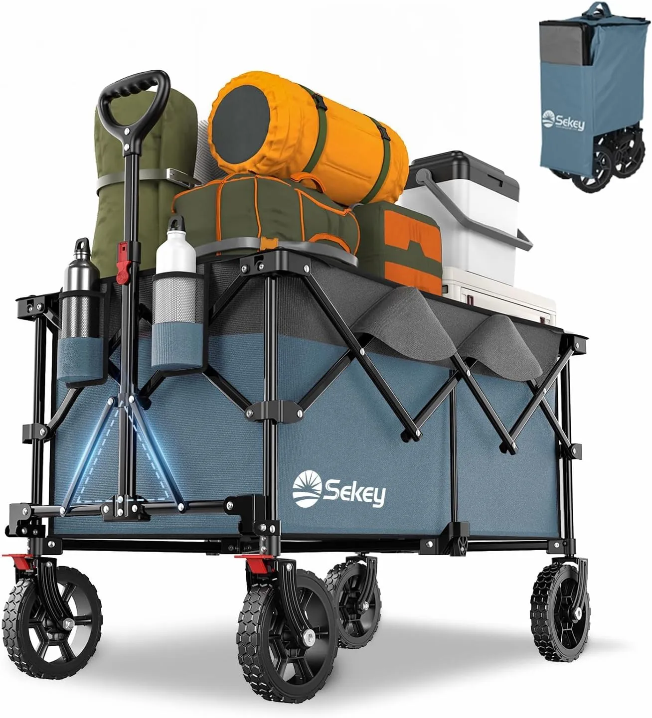 Sekey 330lbs Collapsible Foldable Wagon with Weight Capacity, Heavy Duty Folding Wagon Cart with Big All-Terrain Wheels & Drink Holders. Blue&Gray