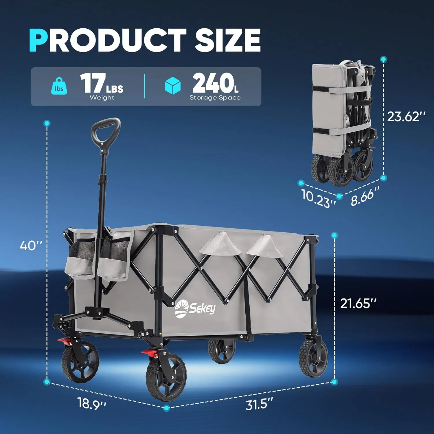 Sekey Collapsible Foldable Wagon with 330lbs Weight Capacity, Heavy Duty Folding Wagon Cart with Big All-Terrain Wheels & Drink Holders. Gray