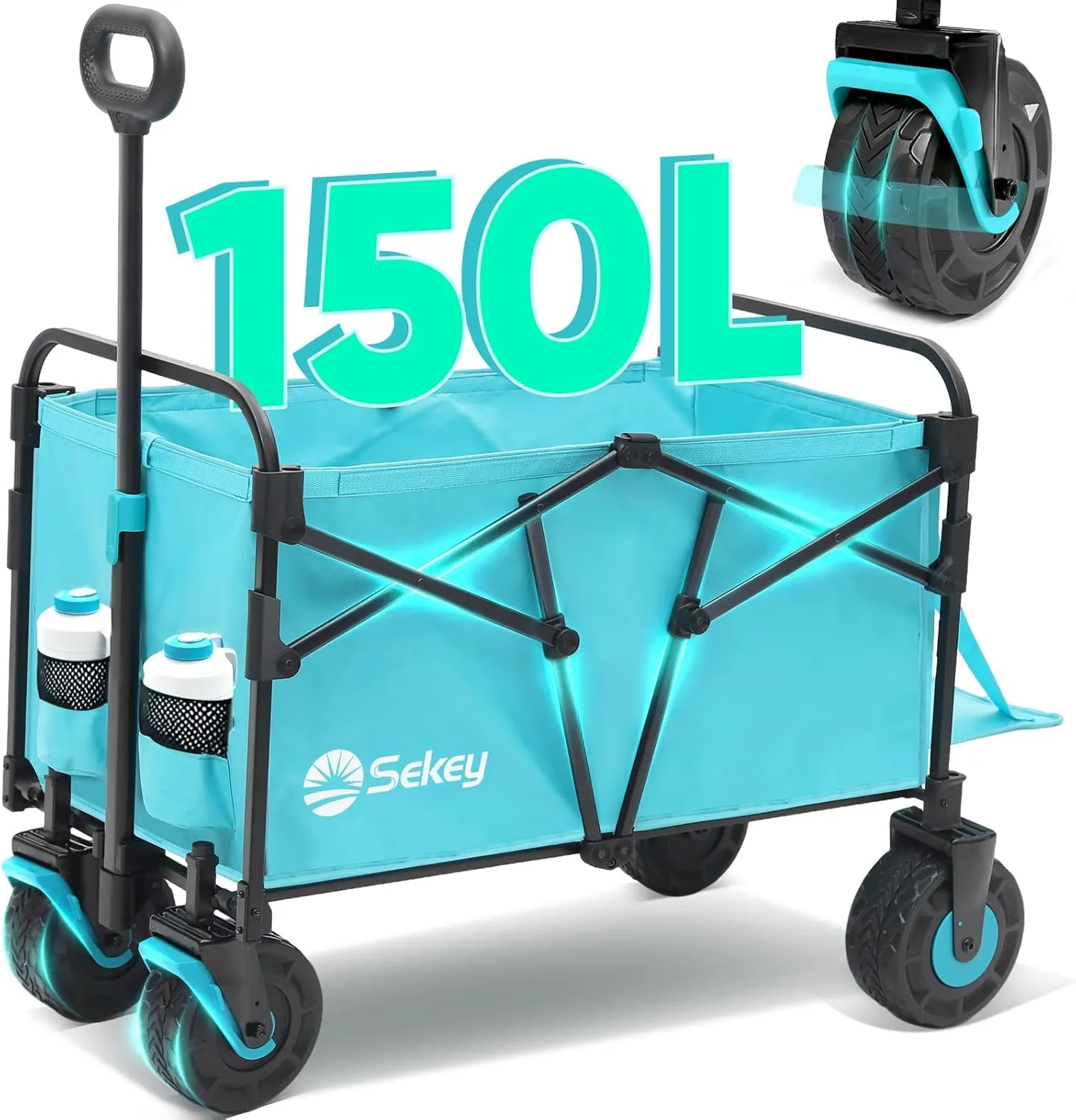 Sekey Wagon Cart with Big All-Terrain Beach Wheels, Collapsible Heavy Duty Extended Wagons with Taligate, Foldable Utility Carts for Camping, Garden, Outdoor, Grocery, Sports. Turquoise