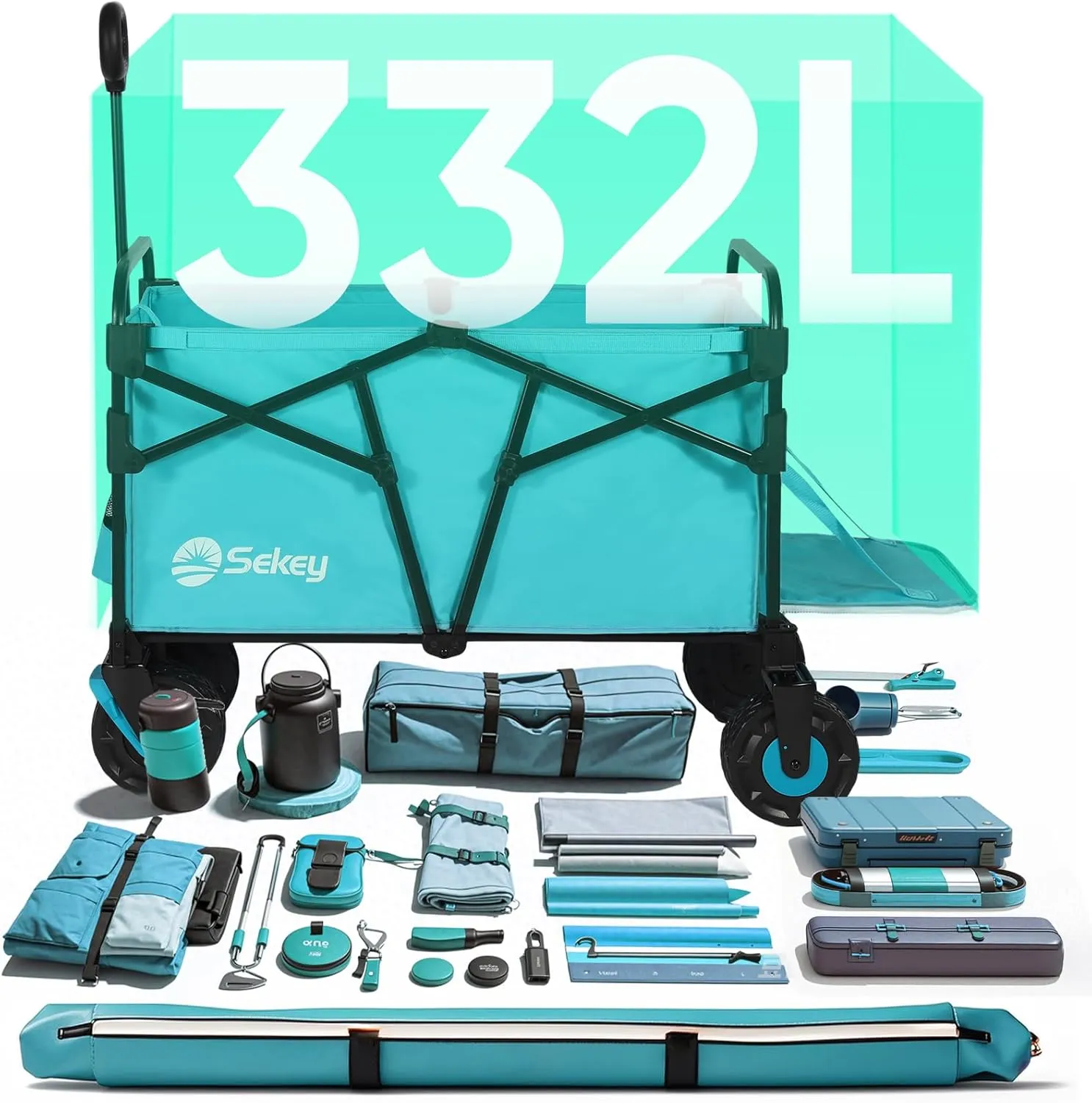 Sekey Wagon Cart with Big All-Terrain Beach Wheels, Collapsible Heavy Duty Extended Wagons with Taligate, Foldable Utility Carts for Camping, Garden, Outdoor, Grocery, Sports. Turquoise
