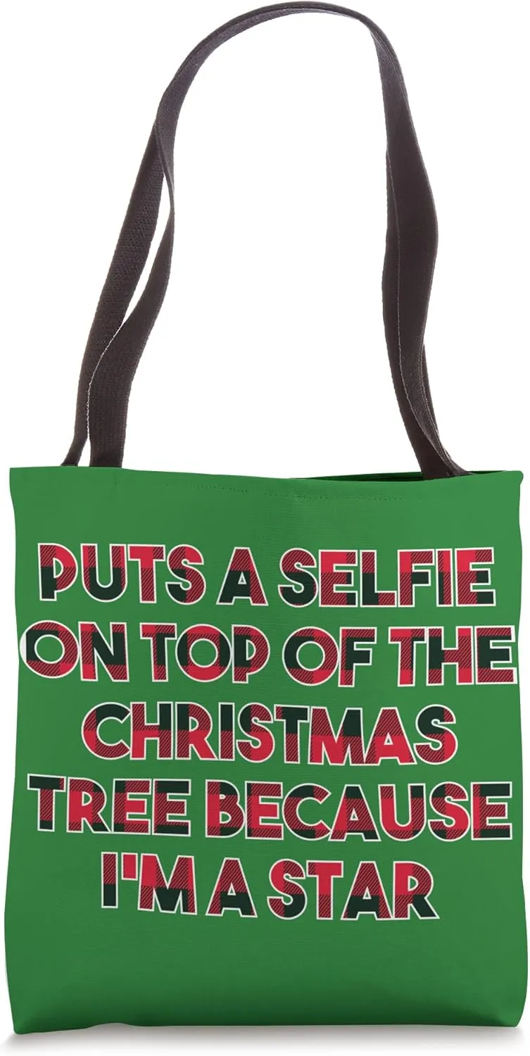 Selfie on Top of the Christmas Tree Funny Selfish Humor Tote Bag