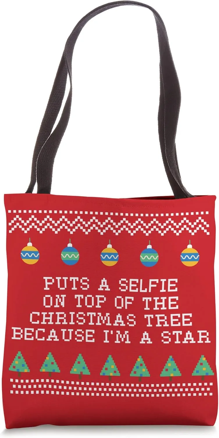 Selfie on Top of the Christmas Tree Funny Selfish Humor Tote Bag
