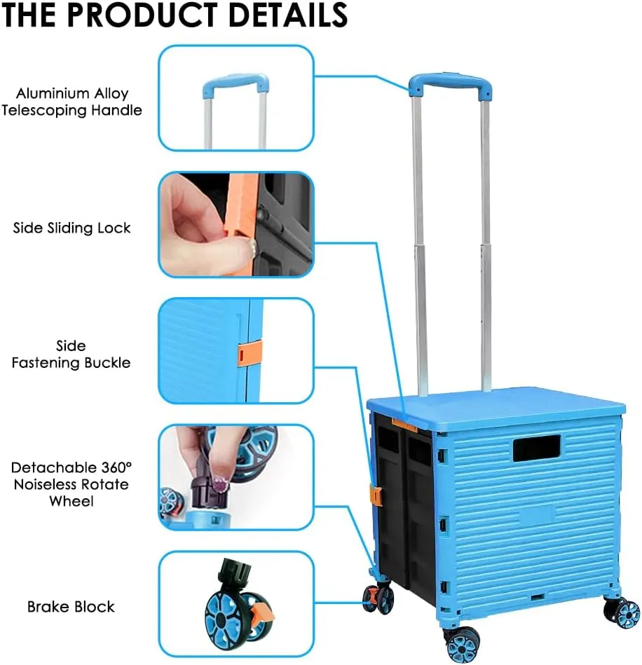 SELORSS Foldable Utility Cart Portable Collapsible Crate Rolling Carts with Wheels Rolling Tote Basket Teacher Cart with Lid Wear-Resistant 360°Rotate Wheel Noiseless for Shopping Storage Office Use
