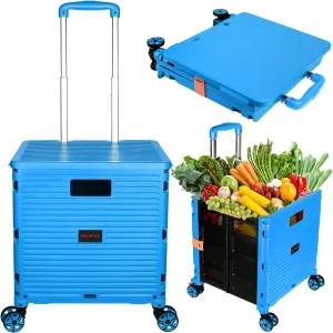 SELORSS Foldable Utility Cart Portable Collapsible Crate Rolling Carts with Wheels Rolling Tote Basket Teacher Cart with Lid Wear-Resistant 360°Rotate Wheel Noiseless for Shopping Storage Office Use