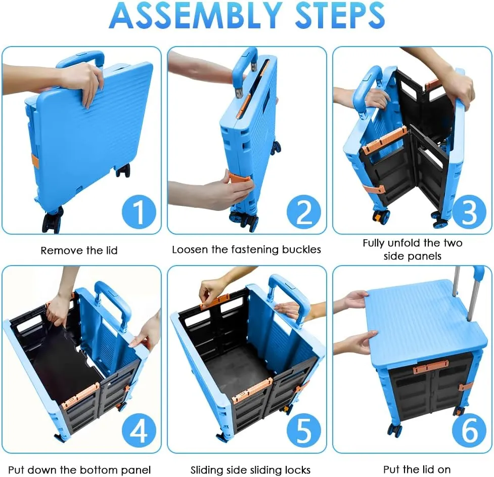 SELORSS Foldable Utility Cart Portable Collapsible Crate Rolling Carts with Wheels Rolling Tote Basket Teacher Cart with Lid Wear-Resistant 360°Rotate Wheel Noiseless for Shopping Storage Office Use