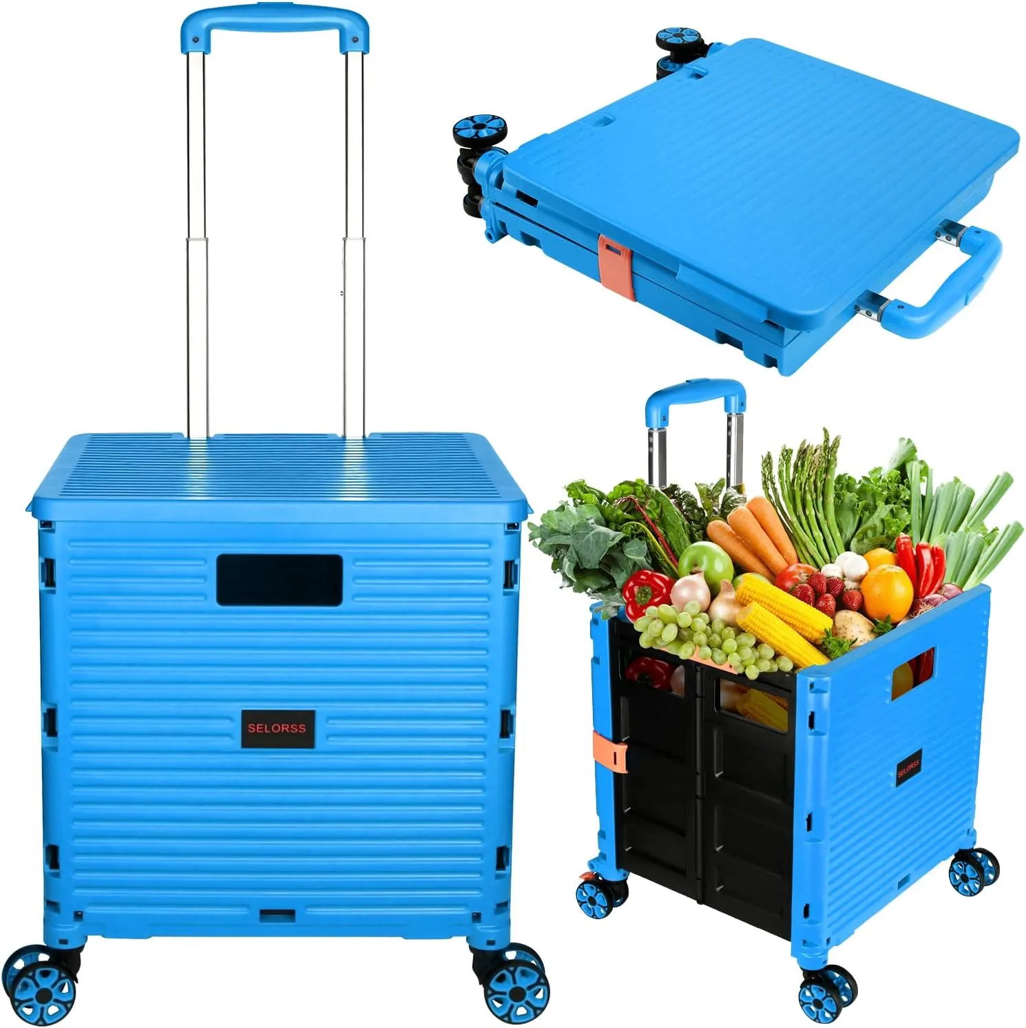 SELORSS Foldable Utility Cart Portable Collapsible Crate Rolling Carts with Wheels Rolling Tote Basket Teacher Cart with Lid Wear-Resistant 360°Rotate Wheel Noiseless for Shopping Storage Office Use