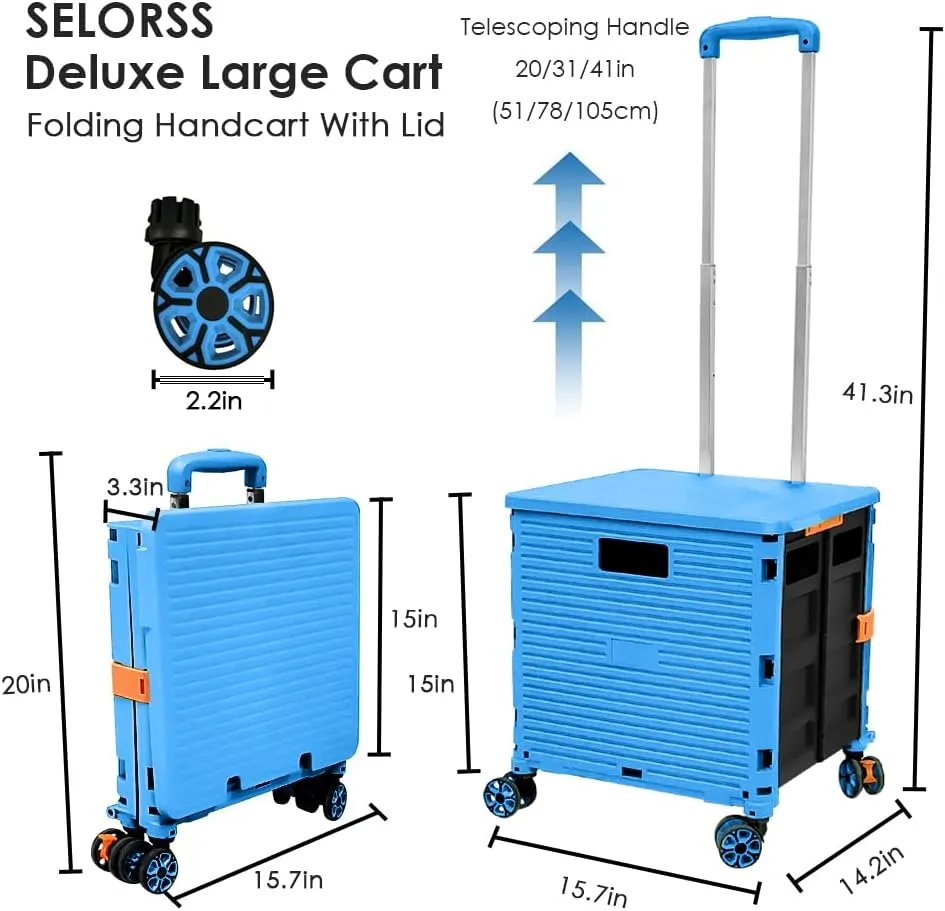 SELORSS Foldable Utility Cart Portable Collapsible Crate Rolling Carts with Wheels Rolling Tote Basket Teacher Cart with Lid Wear-Resistant 360°Rotate Wheel Noiseless for Shopping Storage Office Use