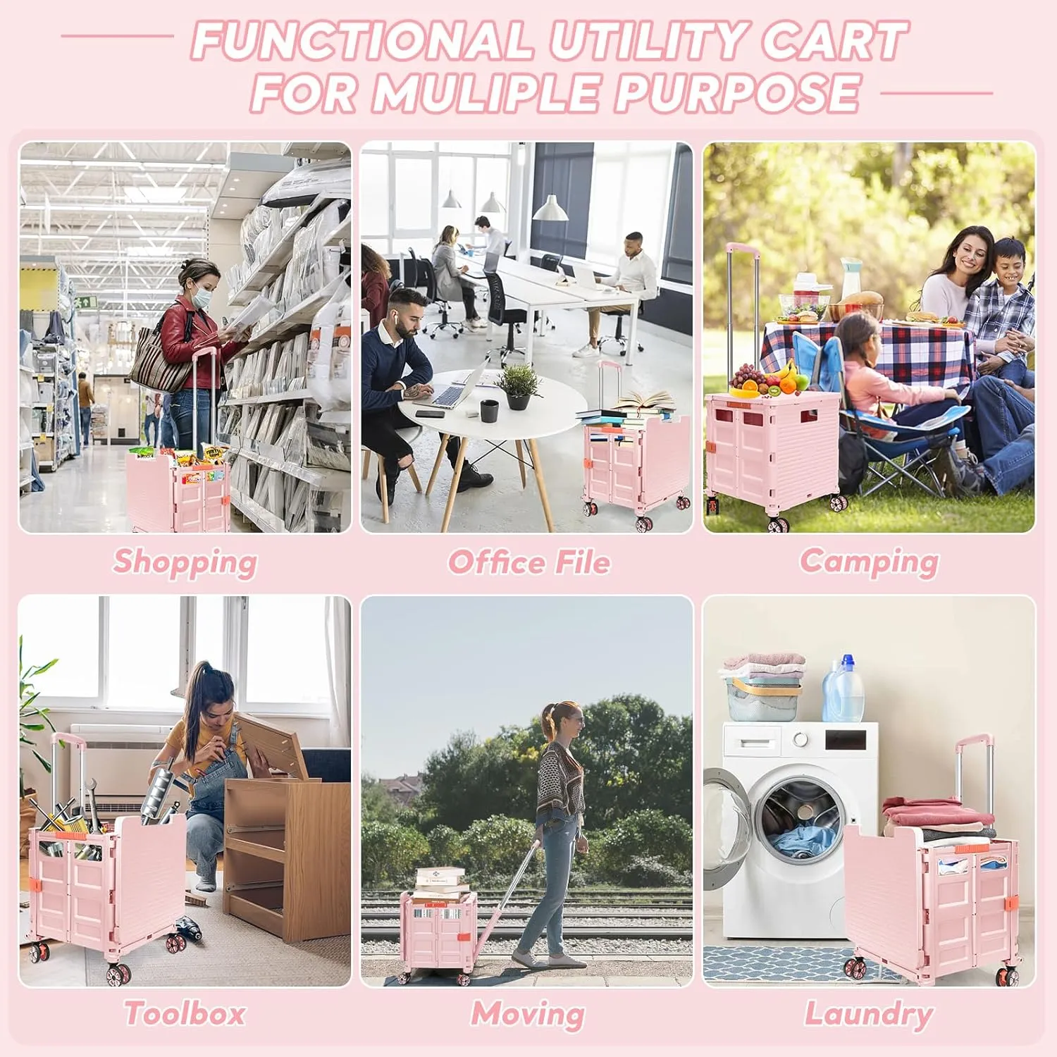 SELORSS Foldable Utility Cart Rolling Crate Handcart Shopping Cart with Rotate Wheels Extended Magnetic Lid Telescoping Handle Adjustable Angle for Transports Groceries Office Teacher File(Pink)