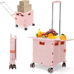 SELORSS Foldable Utility Cart Rolling Crate Handcart Shopping Cart with Rotate Wheels Extended Magnetic Lid Telescoping Handle Adjustable Angle for Transports Groceries Office Teacher File(Pink)