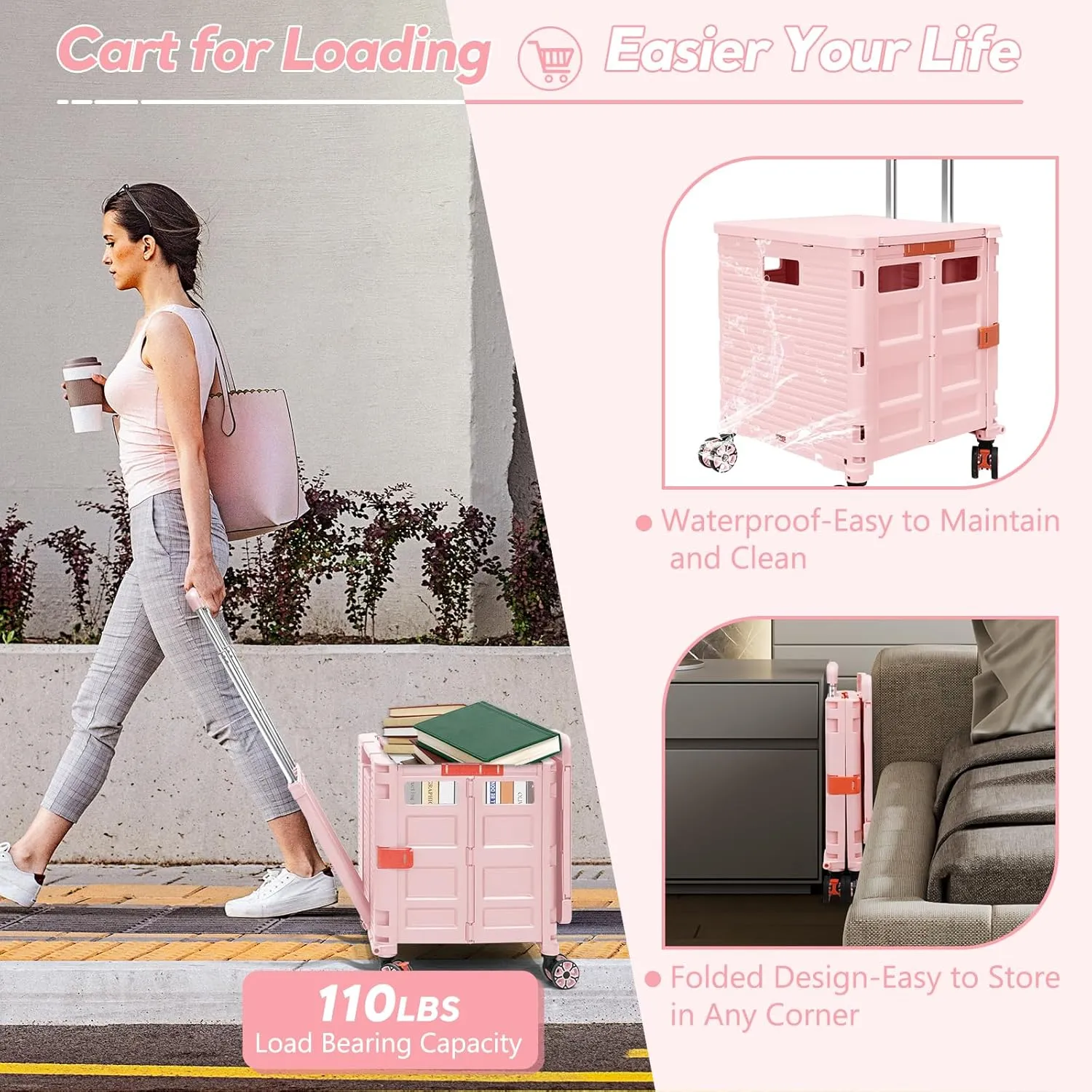 SELORSS Foldable Utility Cart Rolling Crate Handcart Shopping Cart with Rotate Wheels Extended Magnetic Lid Telescoping Handle Adjustable Angle for Transports Groceries Office Teacher File(Pink)