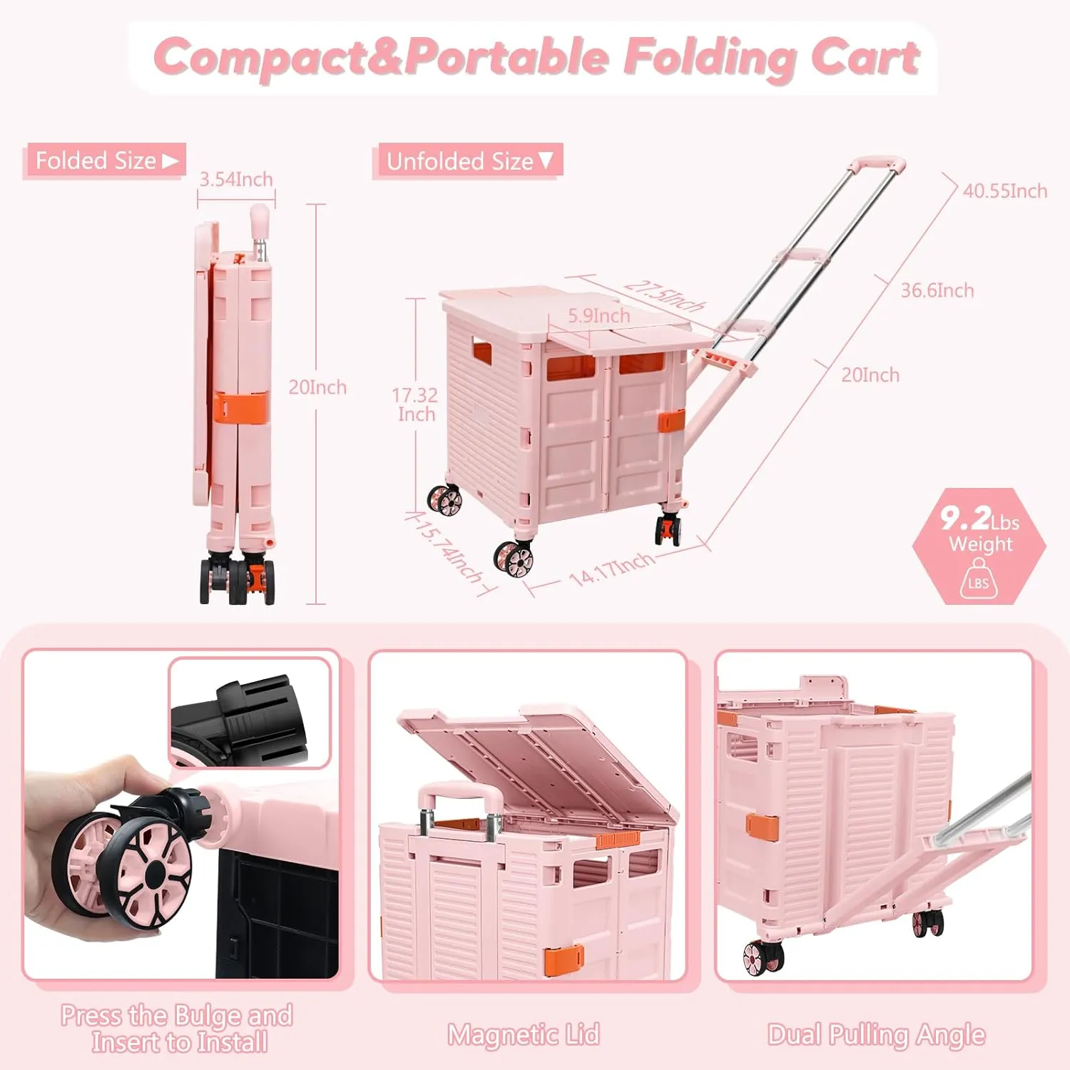 SELORSS Foldable Utility Cart Rolling Crate Handcart Shopping Cart with Rotate Wheels Extended Magnetic Lid Telescoping Handle Adjustable Angle for Transports Groceries Office Teacher File(Pink)