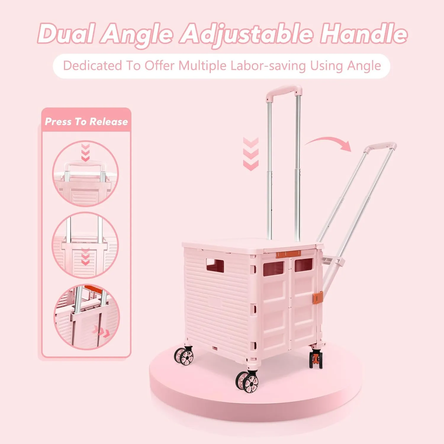 SELORSS Foldable Utility Cart Rolling Crate Handcart Shopping Cart with Rotate Wheels Extended Magnetic Lid Telescoping Handle Adjustable Angle for Transports Groceries Office Teacher File(Pink)