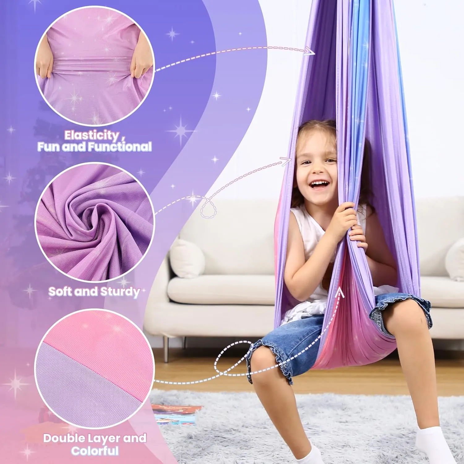 Sensory Swing for Kids & Adults, Double Layer Sensory Swing Holds up to 300lbs, Indoor and Outdoor Therapy Cuddle Swing with 360° Swivel Hardware for Autism, ADHD（Pink）