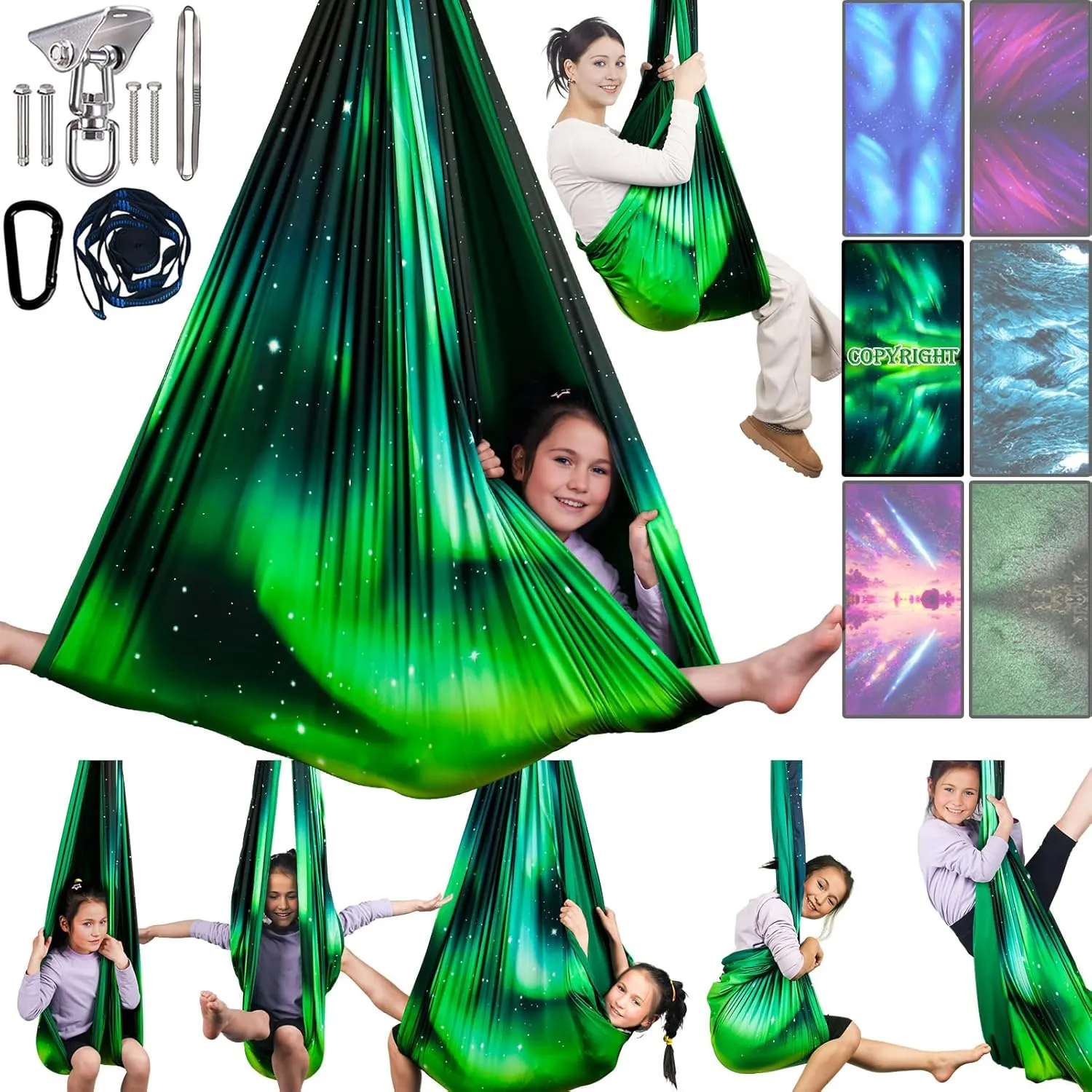 Sensory Swing for Kids & Adults Holds up to 300lbs Indoor & Outdoor Double Layer Therapy Cuddle Swing with 360° Swivel Hanger Kit for Calming, Effect for Autism, ADHD or SPD. (Aurora Green)