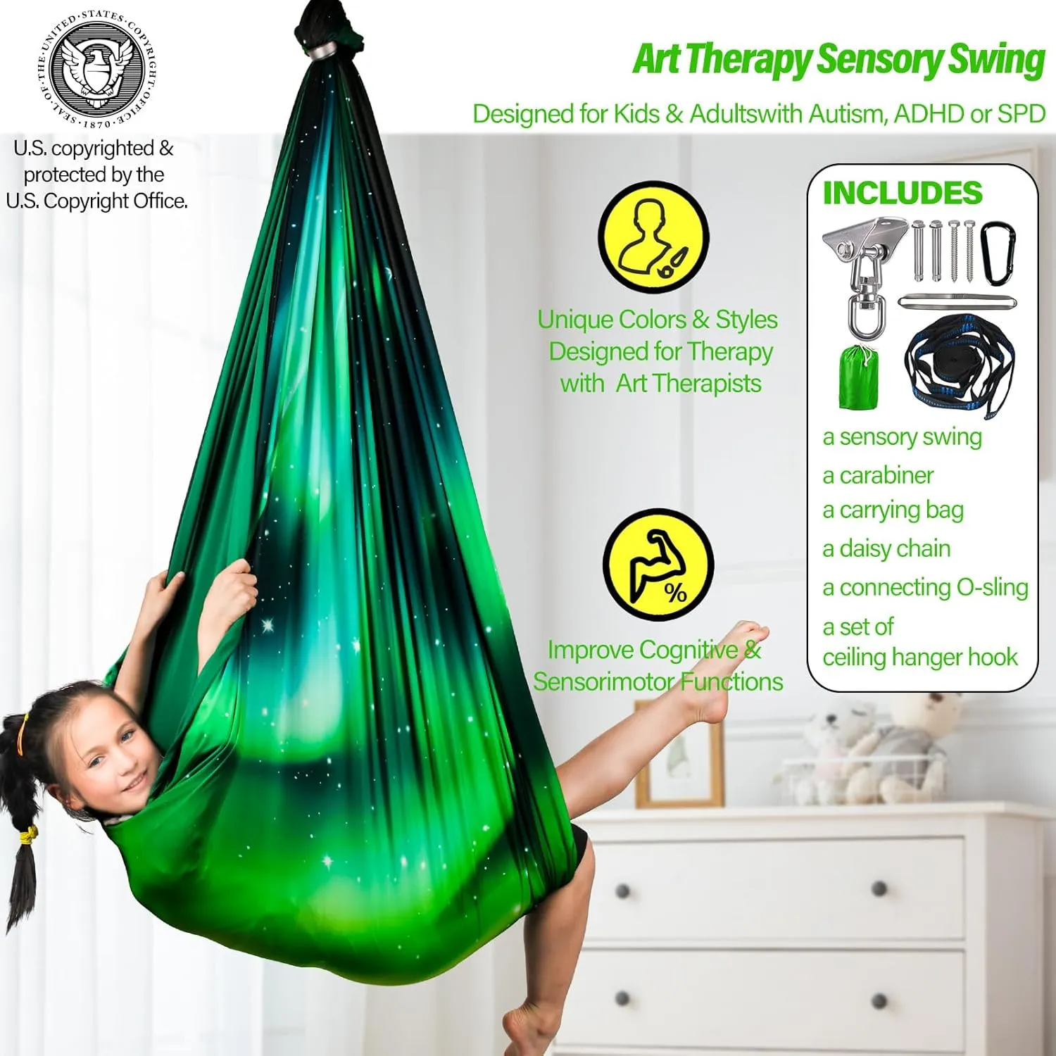 Sensory Swing for Kids & Adults Holds up to 300lbs Indoor & Outdoor Double Layer Therapy Cuddle Swing with 360° Swivel Hanger Kit for Calming, Effect for Autism, ADHD or SPD. (Aurora Green)