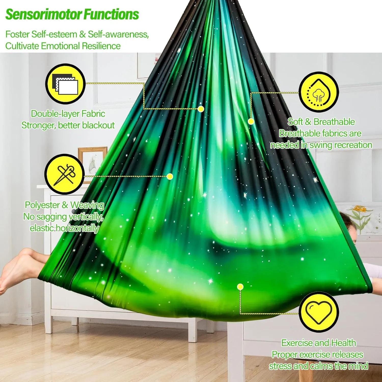 Sensory Swing for Kids & Adults Holds up to 300lbs Indoor & Outdoor Double Layer Therapy Cuddle Swing with 360° Swivel Hanger Kit for Calming, Effect for Autism, ADHD or SPD. (Aurora Green)