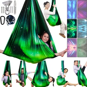 Sensory Swing for Kids & Adults Holds up to 300lbs Indoor & Outdoor Double Layer Therapy Cuddle Swing with 360° Swivel Hanger Kit for Calming, Effect for Autism, ADHD or SPD. (Aurora Green)