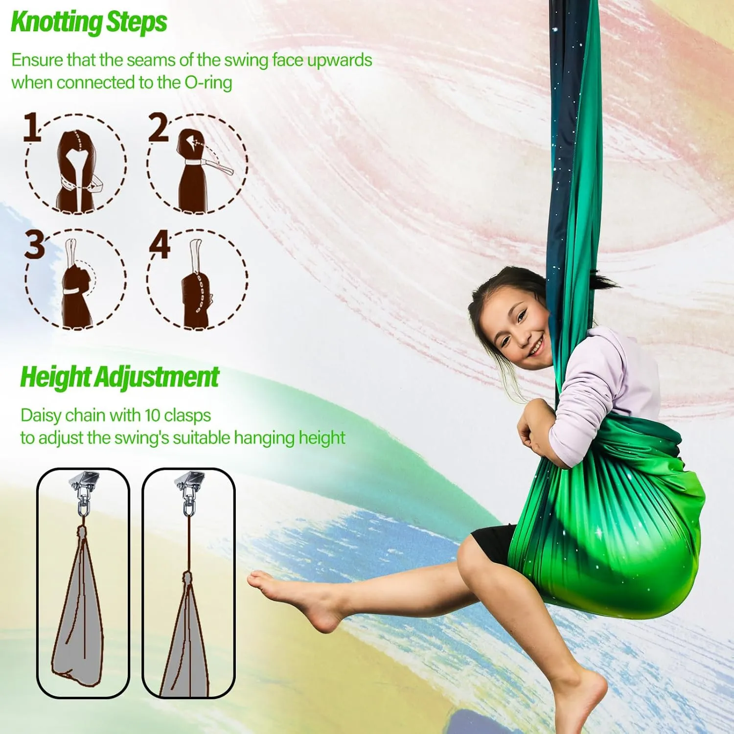 Sensory Swing for Kids & Adults Holds up to 300lbs Indoor & Outdoor Double Layer Therapy Cuddle Swing with 360° Swivel Hanger Kit for Calming, Effect for Autism, ADHD or SPD. (Aurora Green)