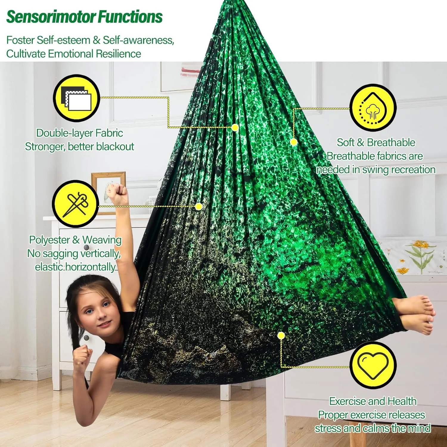 Sensory Swing for Kids & Adults Holds up to 300lbs Indoor & Outdoor Double Layer Therapy Cuddle Swing with 360° Swivel Hanger Kit for Calming, Effect for Autism, ADHD or SPD. (Crystal Green)