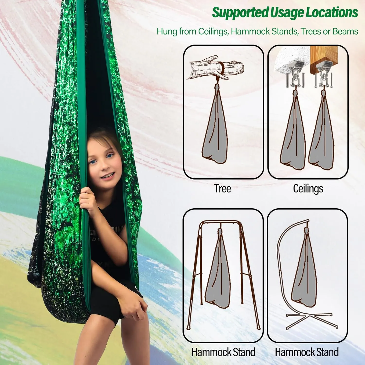 Sensory Swing for Kids & Adults Holds up to 300lbs Indoor & Outdoor Double Layer Therapy Cuddle Swing with 360° Swivel Hanger Kit for Calming, Effect for Autism, ADHD or SPD. (Crystal Green)