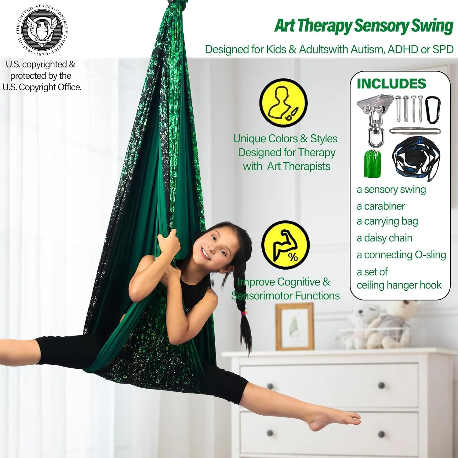 Sensory Swing for Kids & Adults Holds up to 300lbs Indoor & Outdoor Double Layer Therapy Cuddle Swing with 360° Swivel Hanger Kit for Calming, Effect for Autism, ADHD or SPD. (Crystal Green)