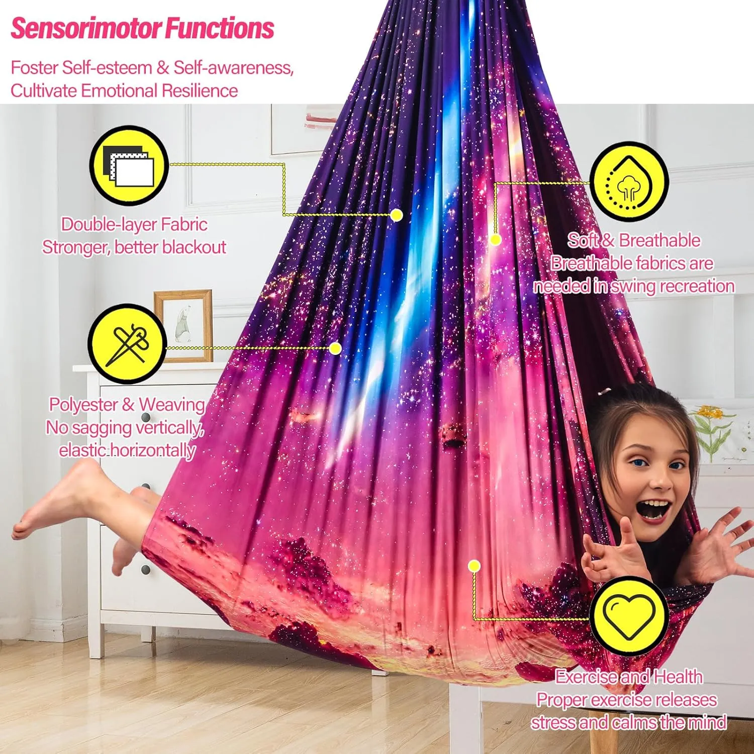 Sensory Swing for Kids & Adults Holds up to 300lbs Indoor & Outdoor Double Layer Therapy Cuddle Swing with 360° Swivel Hanger Kit for Calming, Effect for Autism, ADHD or SPD. (Fantasy Pink)