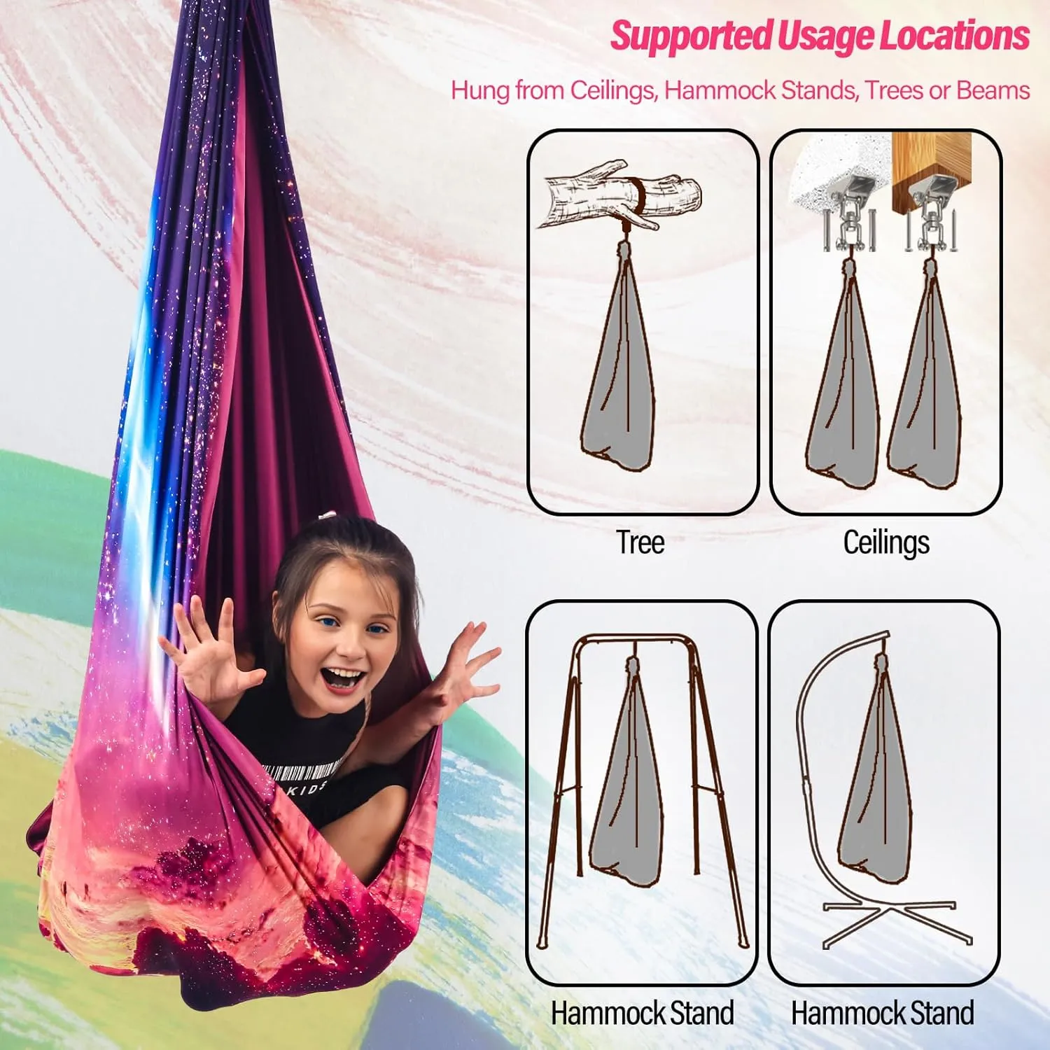 Sensory Swing for Kids & Adults Holds up to 300lbs Indoor & Outdoor Double Layer Therapy Cuddle Swing with 360° Swivel Hanger Kit for Calming, Effect for Autism, ADHD or SPD. (Fantasy Pink)