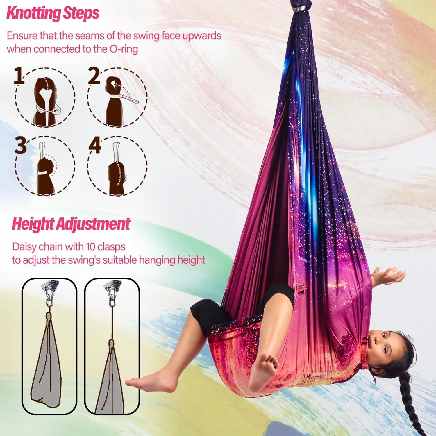 Sensory Swing for Kids & Adults Holds up to 300lbs Indoor & Outdoor Double Layer Therapy Cuddle Swing with 360° Swivel Hanger Kit for Calming, Effect for Autism, ADHD or SPD. (Fantasy Pink)