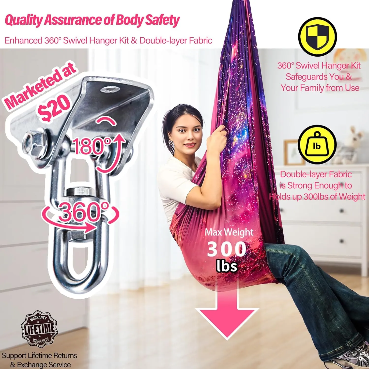 Sensory Swing for Kids & Adults Holds up to 300lbs Indoor & Outdoor Double Layer Therapy Cuddle Swing with 360° Swivel Hanger Kit for Calming, Effect for Autism, ADHD or SPD. (Fantasy Pink)