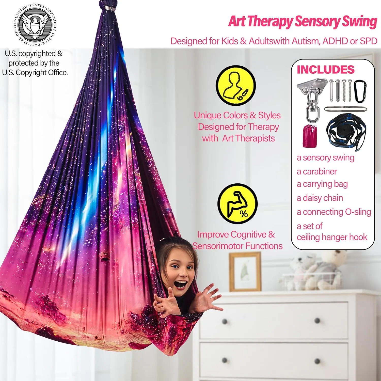 Sensory Swing for Kids & Adults Holds up to 300lbs Indoor & Outdoor Double Layer Therapy Cuddle Swing with 360° Swivel Hanger Kit for Calming, Effect for Autism, ADHD or SPD. (Fantasy Pink)