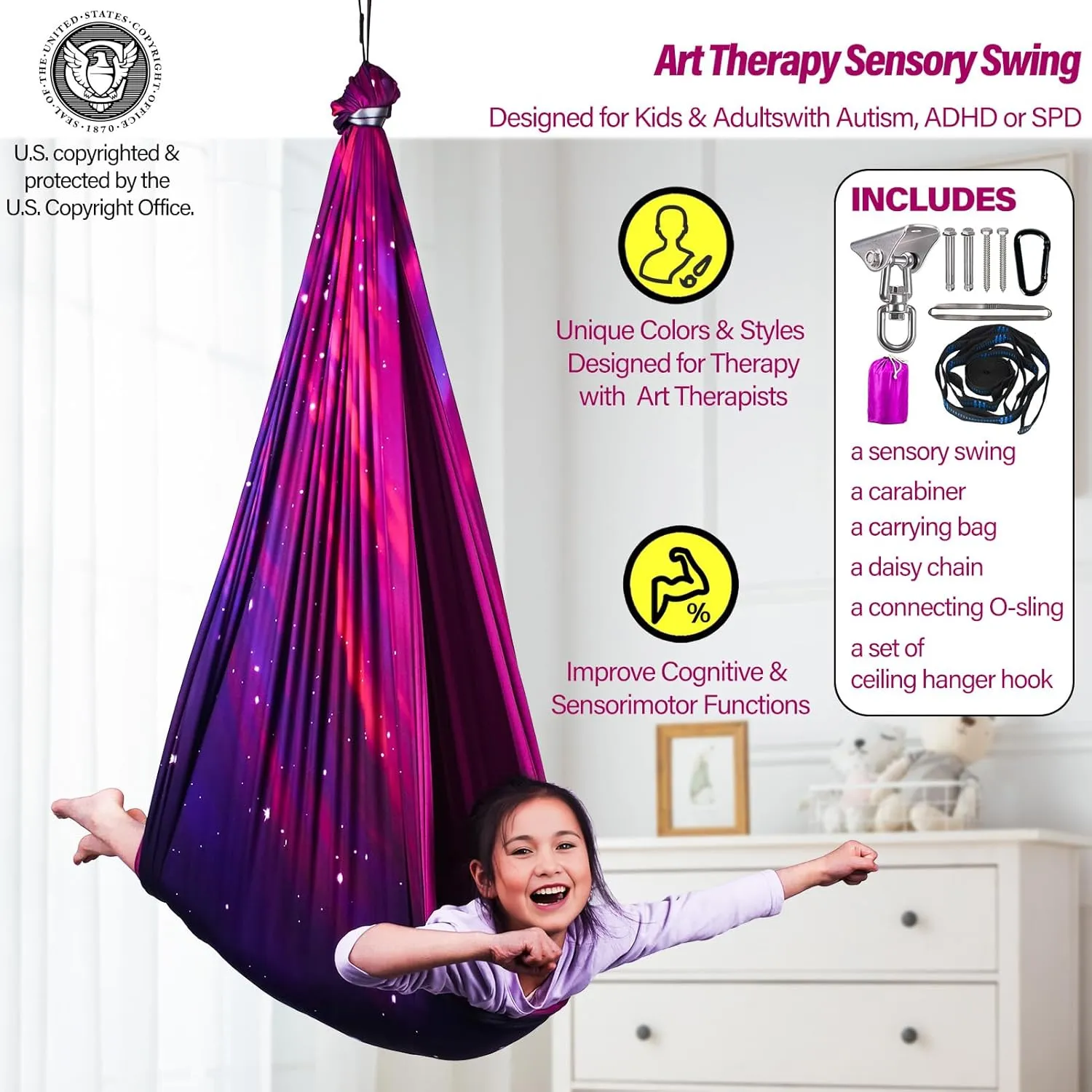 Sensory Swing for Kids & Adults Holds up to 300lbs Indoor & Outdoor Double Layer Therapy Cuddle Swing with 360° Swivel Hanger Kit for Calming, Effect for Autism, ADHD or SPD. (Galaxy Purple)
