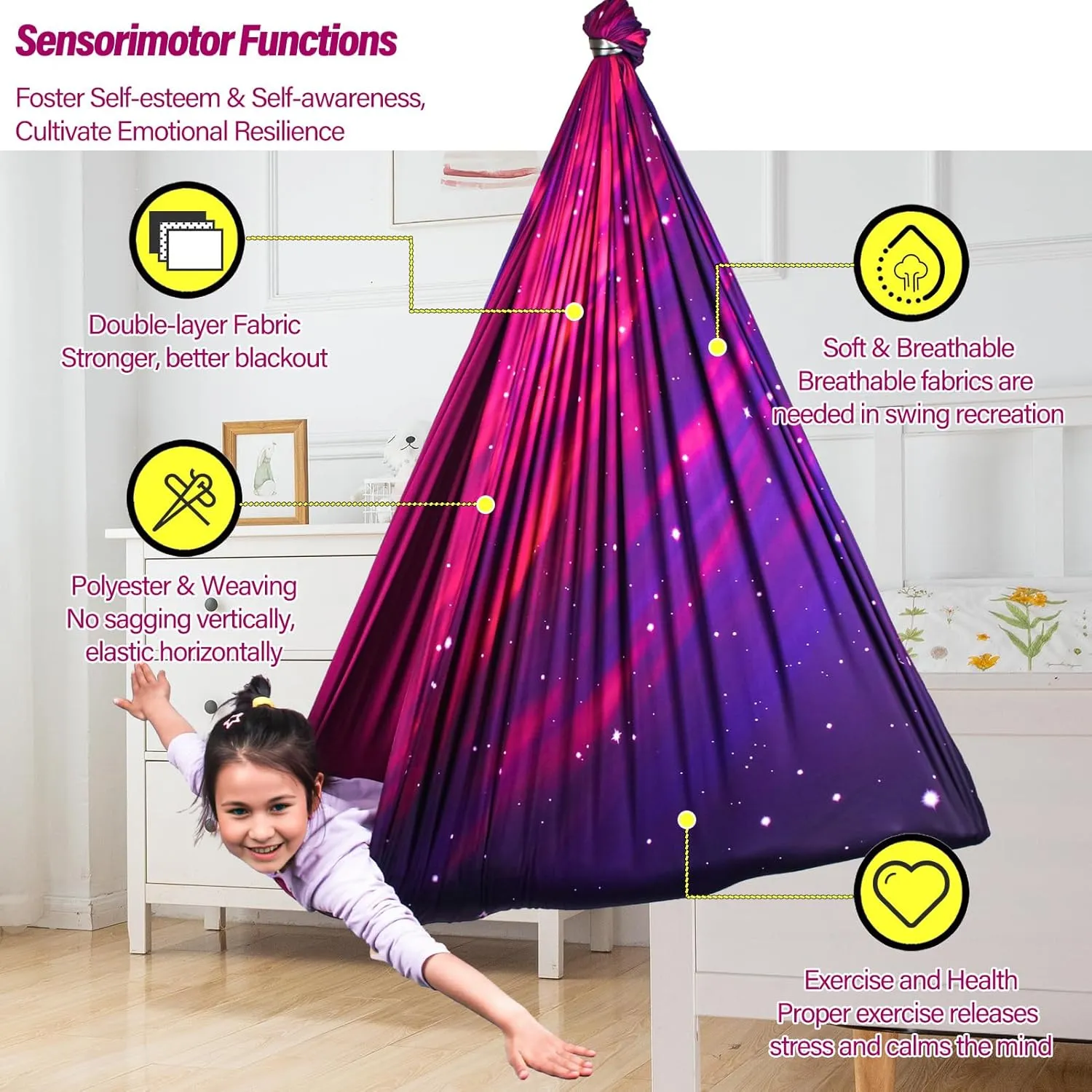 Sensory Swing for Kids & Adults Holds up to 300lbs Indoor & Outdoor Double Layer Therapy Cuddle Swing with 360° Swivel Hanger Kit for Calming, Effect for Autism, ADHD or SPD. (Galaxy Purple)