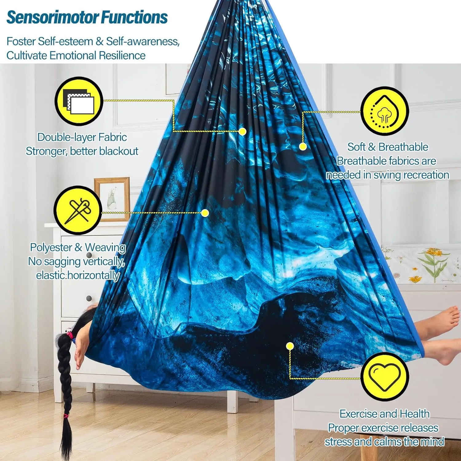 Sensory Swing for Kids & Adults Holds up to 300lbs Indoor & Outdoor Double Layer Therapy Cuddle Swing with 360° Swivel Hanger Kit for Calming, Effect for Autism, ADHD or SPD. (Ice Teal)