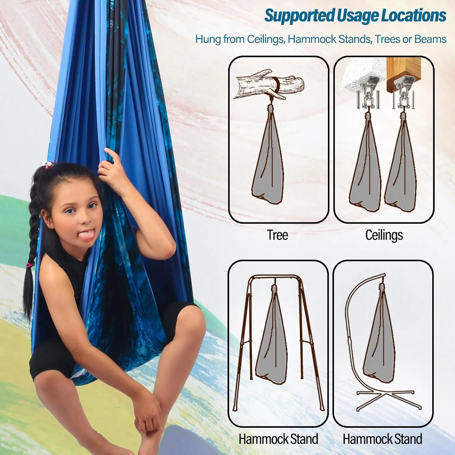 Sensory Swing for Kids & Adults Holds up to 300lbs Indoor & Outdoor Double Layer Therapy Cuddle Swing with 360° Swivel Hanger Kit for Calming, Effect for Autism, ADHD or SPD. (Ice Teal)