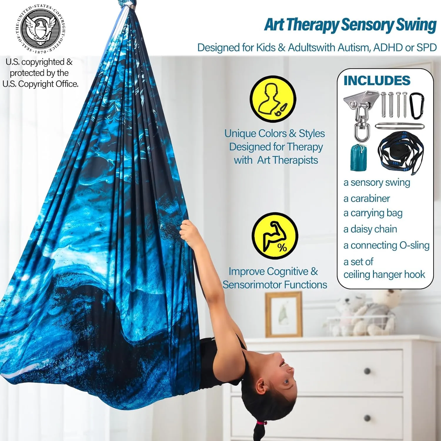 Sensory Swing for Kids & Adults Holds up to 300lbs Indoor & Outdoor Double Layer Therapy Cuddle Swing with 360° Swivel Hanger Kit for Calming, Effect for Autism, ADHD or SPD. (Ice Teal)