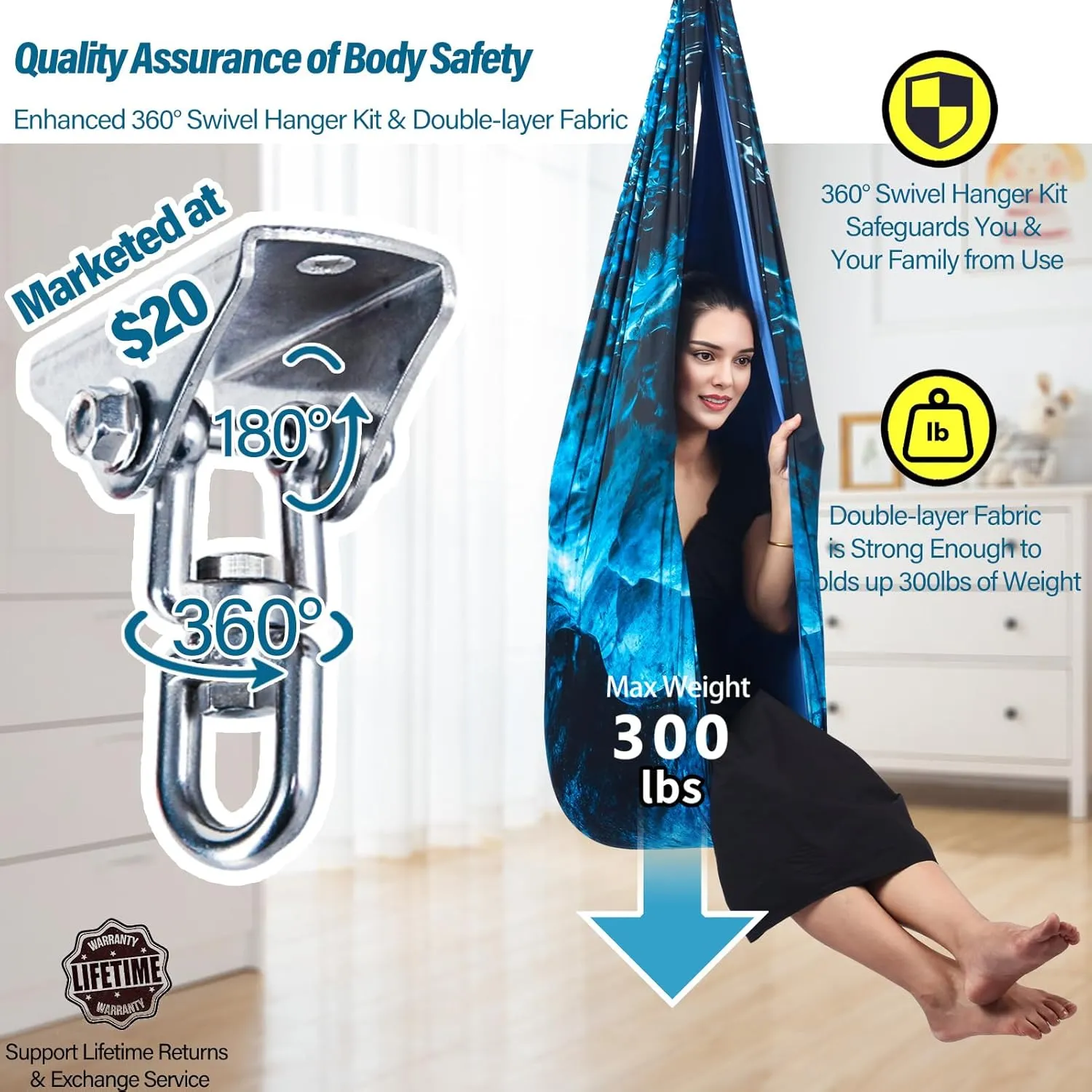 Sensory Swing for Kids & Adults Holds up to 300lbs Indoor & Outdoor Double Layer Therapy Cuddle Swing with 360° Swivel Hanger Kit for Calming, Effect for Autism, ADHD or SPD. (Ice Teal)